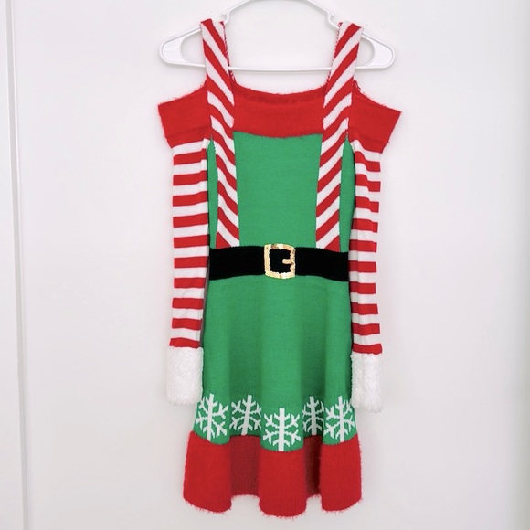 Holiday Elf Dress Cold Shoulder Planet Gold Christmas Womens - Picture 4 of 5